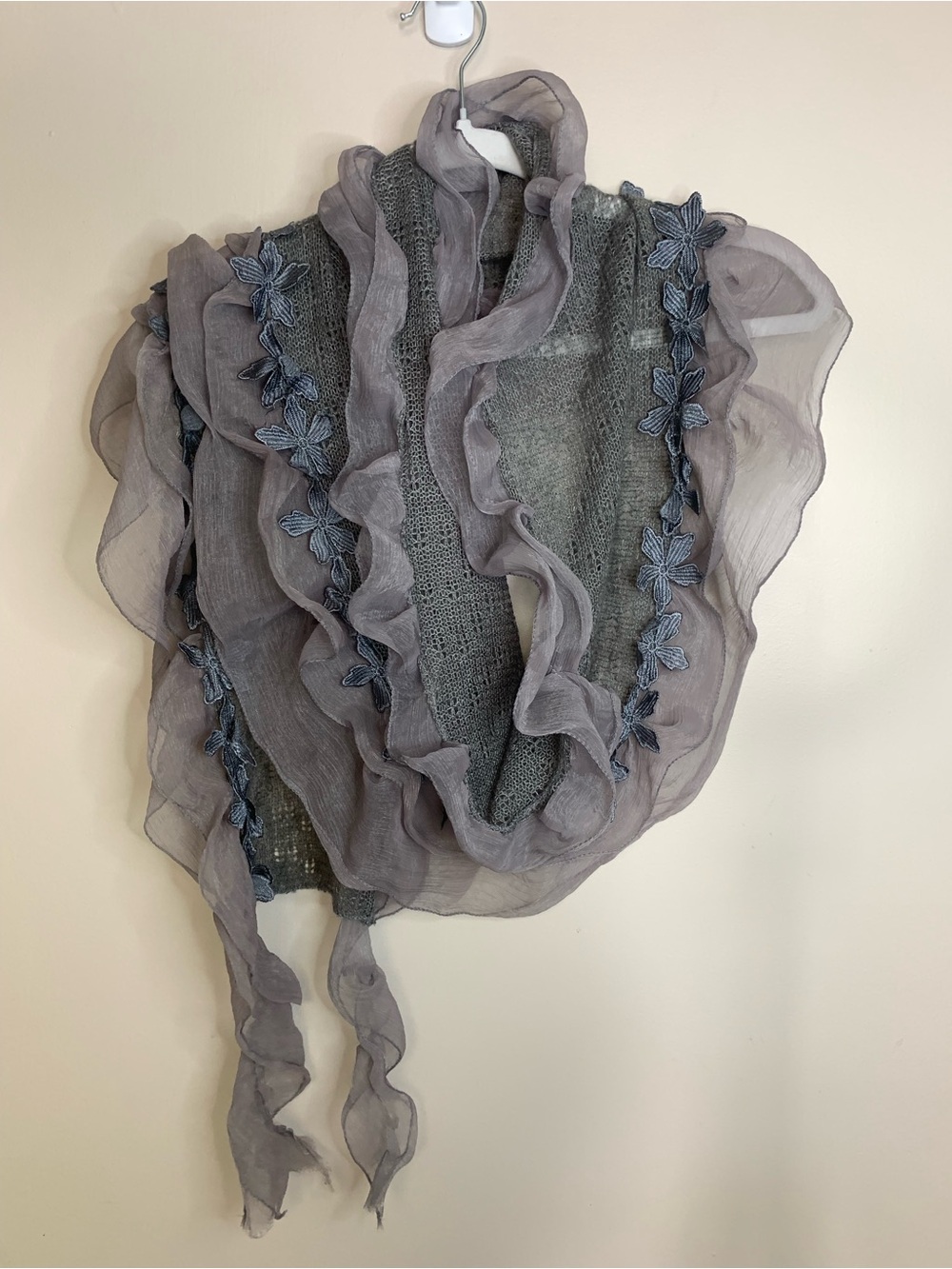 Lightweight Gray Floral-Trim Scarf Wrap